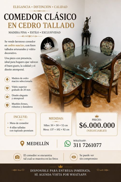 imagen de Comedor en cedro macizo tallado – 4 sillas con  con id 35621